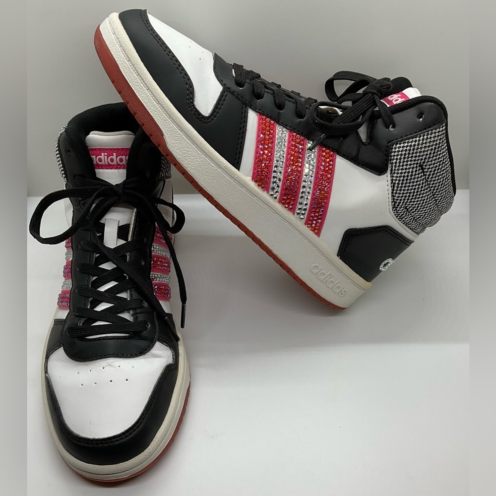 ADIDAS “HOOPS MID 2.0” Hi-Tops Youth 5.5 (womans 7) SWAVORSKI stones BLING